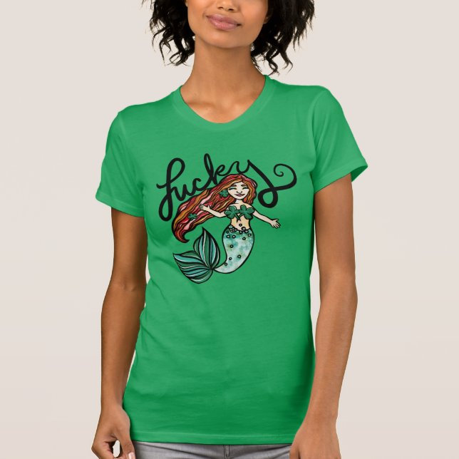 Lucky Mermaid Shamrock Redhead Irish Mermaids T-Shirt (Front)
