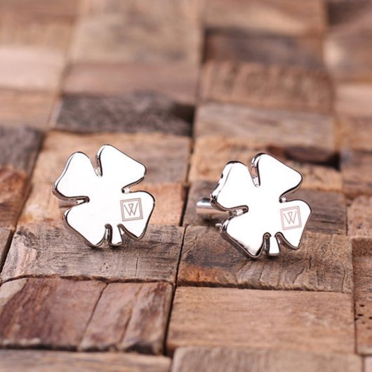 Lucky Modern Monogram Shamrock Silver Cufflinks (Front)