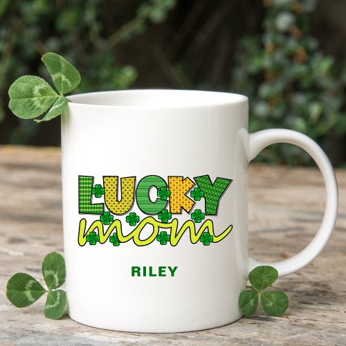 Lucky Mom Colorful Text Clovers St Patricks Day Coffee Mug