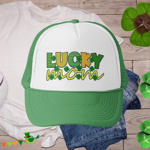 Lucky Mom Colorful Text Clovers St Patricks Day Trucker Hat