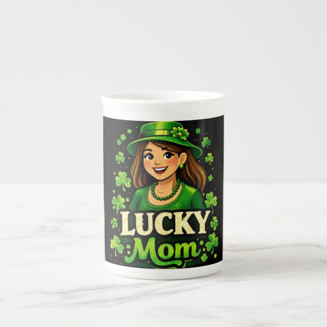 Lucky Mom – St. Patrick’s Day Clover Design Bone China Mug (Front)