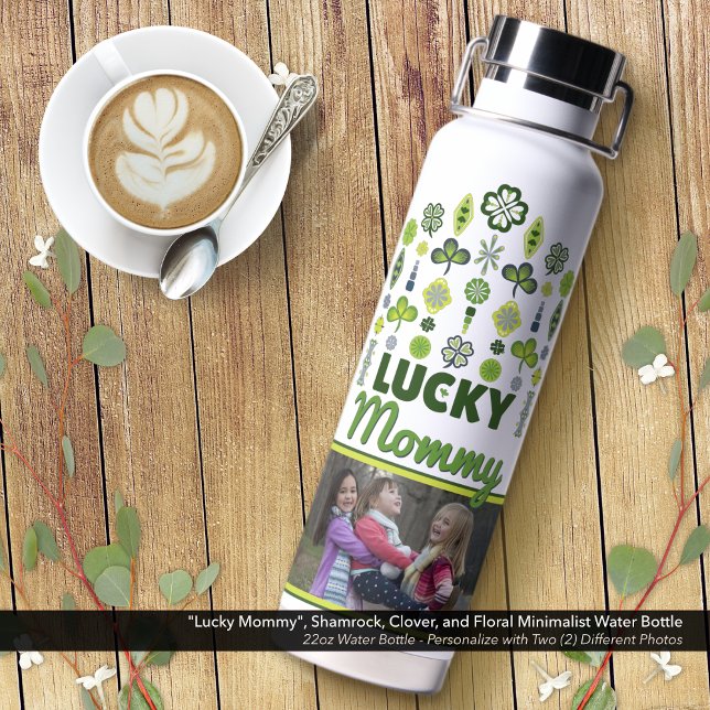 "Lucky Mommy" Shamrock Clover Floral Photo Water Bottle ("Lucky Mommy" Shamrock, Clover, and Floral Water Bottle: Personalize with Two (2) Photos.)