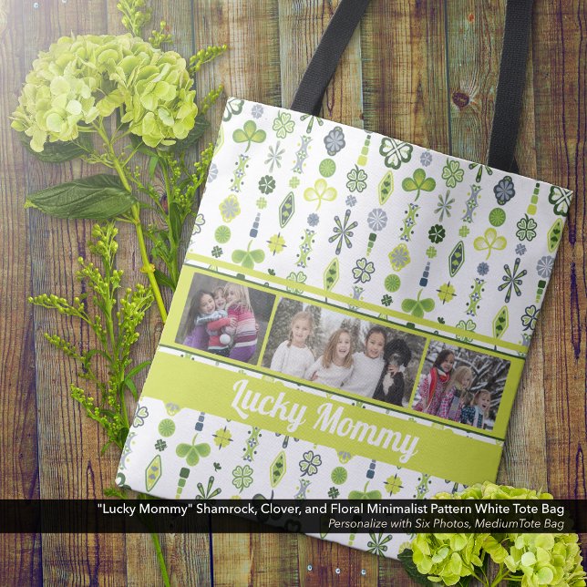 "Lucky Mommy" Shamrock Clover Pattern Photo Tote Bag ("Lucky Mommy" Shamrock, Clover, and Floral Pattern Tote Bag - Personalize with Six Photos)