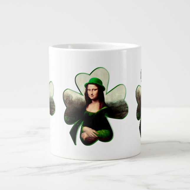 Lucky Mona Lisa St Patrick's Day Clover Giant Coffee Mug (Front)