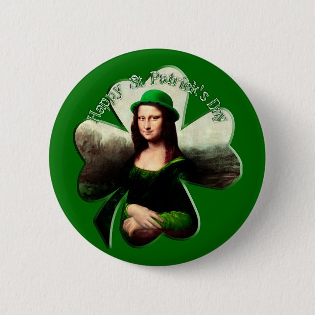 Lucky Mona Lisa St Patrick's Day Shamrock Pinback Button (Front)