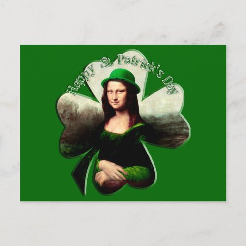 Lucky Mona Lisa St Patricks Day Shamrock Postcard