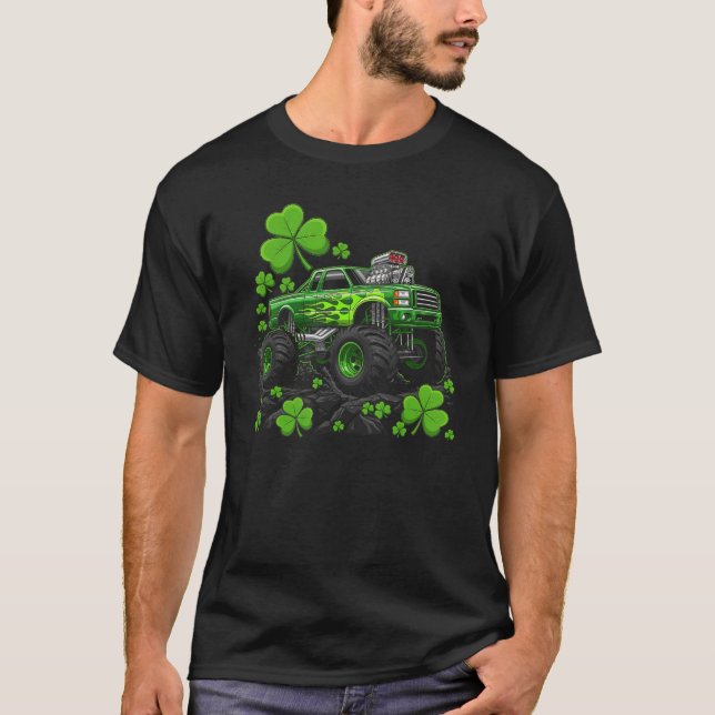 Lucky Monster Truck Green Flame Graphic T-Shirt (Front)