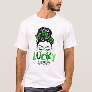 Lucky Nonna Leopard Plaid Messy Bun Irish St Patri T-Shirt