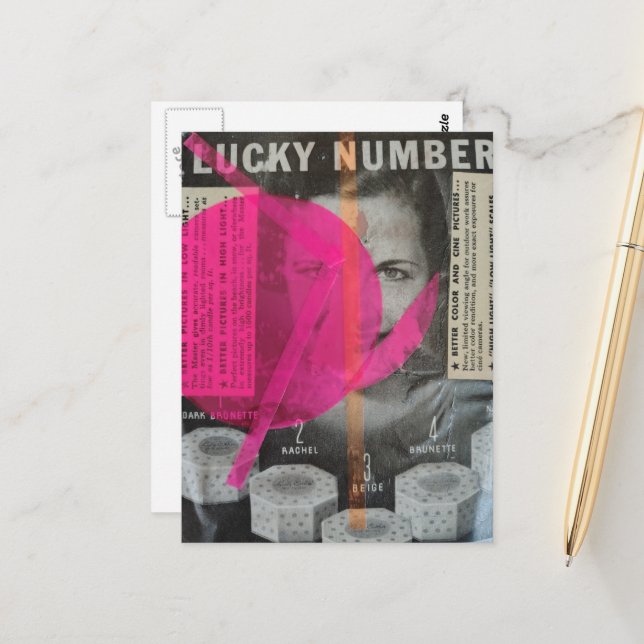 Lucky Number lady Mixed media collage Postcard (Front/Back In Situ)