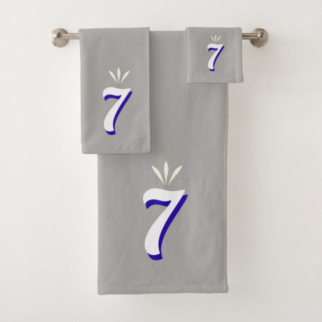 Lucky Number Seven Monogram on Silver Gray Bath Towel Set (Insitu)