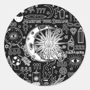 Lucky Numerology Manifesting Magic Black White Classic Round Sticker
