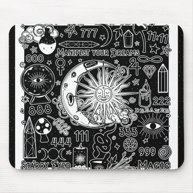 Lucky Numerology Manifesting Magic Black & White  Mouse Pad (Front)