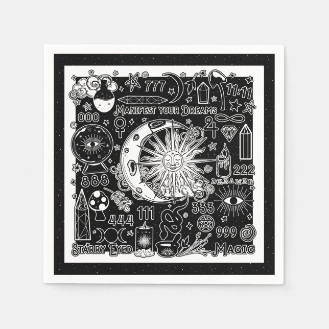 Lucky Numerology Manifesting Magic Black & White  Napkins (Front)