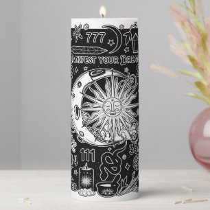 Lucky Numerology Manifesting Magic Black & White  Pillar Candle