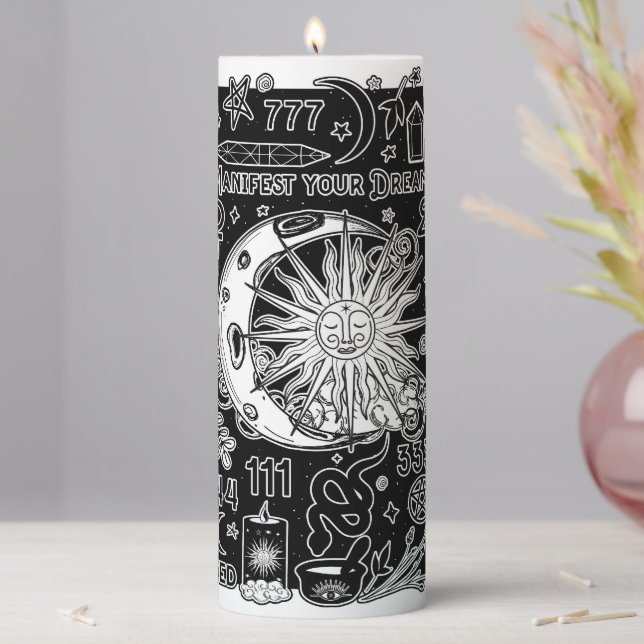 Lucky Numerology Manifesting Magic Black & White  Pillar Candle (In Situ)
