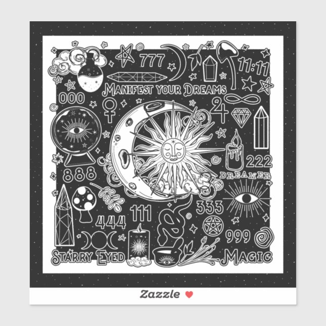 Lucky Numerology Manifesting Magic Black & White  Sticker (Sheet)