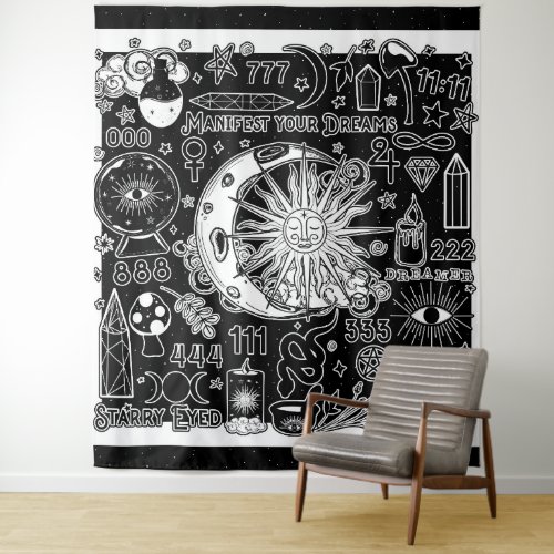 Lucky Numerology Manifesting Magic Black  White  Tapestry