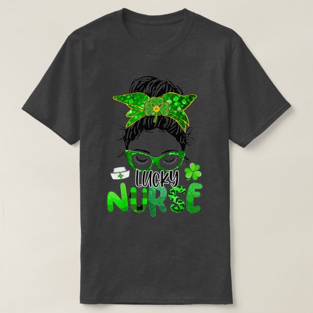 Lucky Nurse St Patrick's Day Nurse Shamrock Messy  T-Shirt (Design Front)