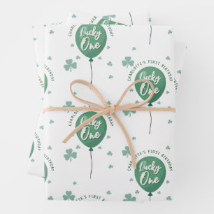 Lucky One 1st Birthday St Patricks Clover Balloon Wrapping Paper Sheets