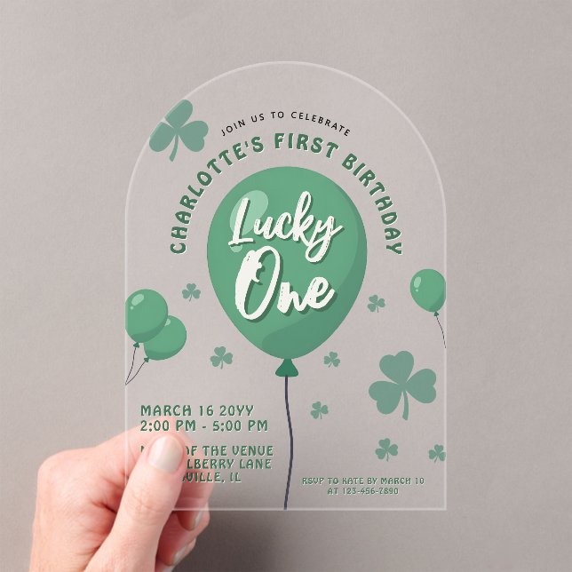 Lucky One 1st Birthday St Patricks Day Balloon Acrylic Invitations (Insitu (Handheld))