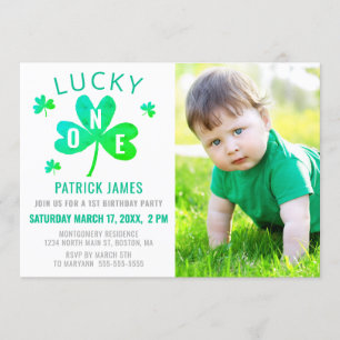 Lucky One 1st Birthday Watercolor Shamrock Photo Invitation