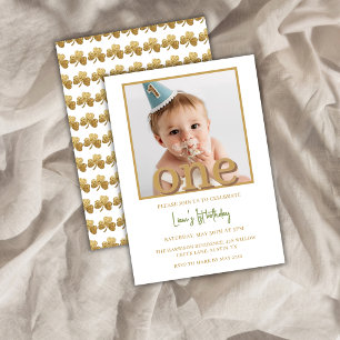 Lucky One Boy First Birthday Photo Invitation 