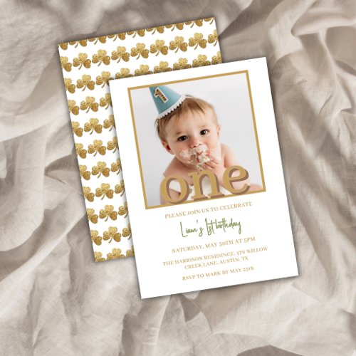 Lucky One Boy First Birthday Photo Invitation