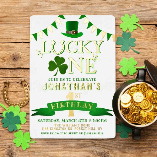 Lucky One Chalkboard 1st Birthday Real Foil Invitation