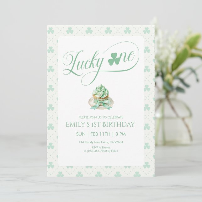 Lucky One Cupcake First Birthday Invitation (Standing Front)