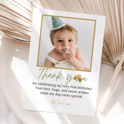 Lucky One First Birthday Boy Photo Thank You Card