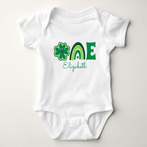 Lucky One First Birthday Name Rainbow and Shamrock Baby Bodysuit