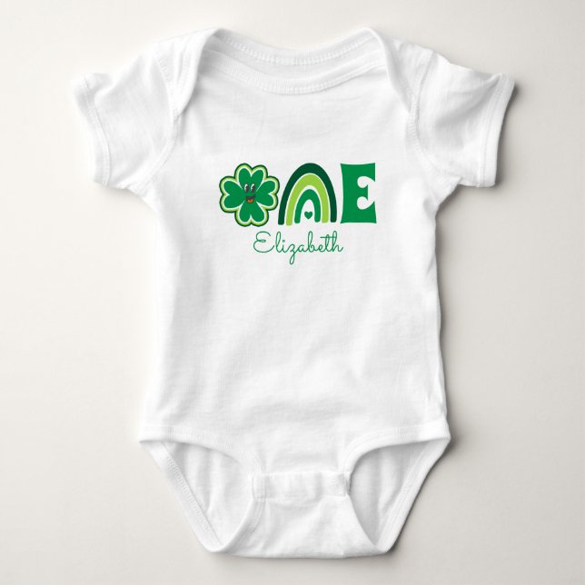 Lucky One First Birthday Name Rainbow and Shamrock Baby Bodysuit (Front)