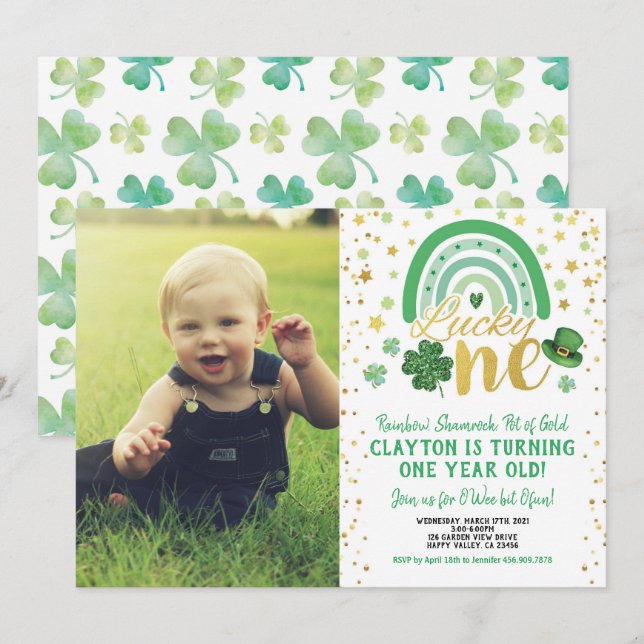 Lucky One First Birthday St Patrick's Day Photo Invitation (Front/Back)