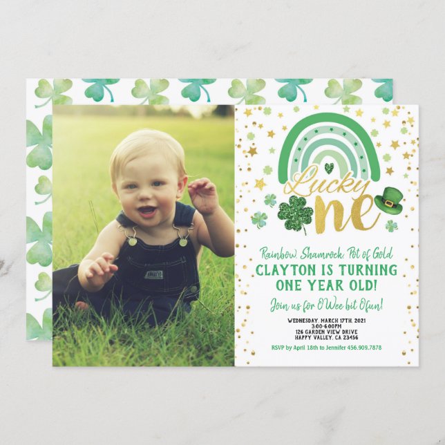 Lucky One First Birthday St Patrick's Day Photo Invitation (Front/Back)