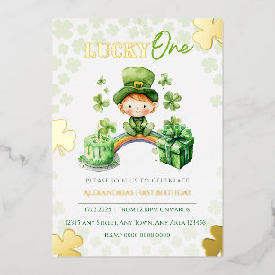 Lucky One First Birthday St Patricks Foil Invitation