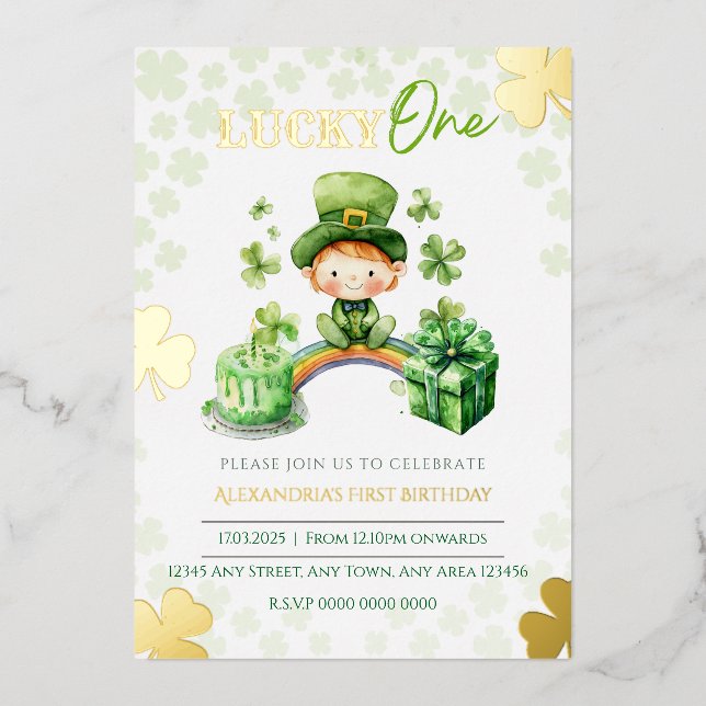 Lucky One First Birthday St Patricks Foil Invitation (Front)