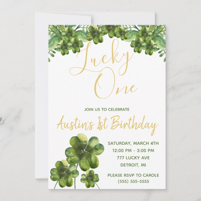 Lucky One, Four Leaf Clover First Birthday Invitation (Front)