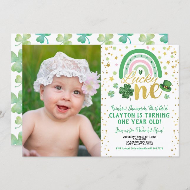 Lucky One Girl First Birthday St Patrick's Photo Invitation (Front/Back)