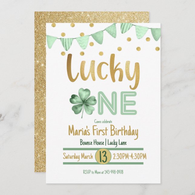 Lucky One Gold First Birthday Invitation (Front/Back)