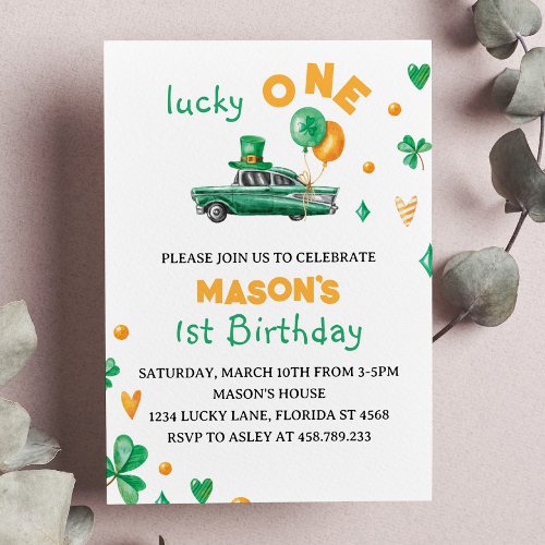 Lucky One Green Four Leaf Clover Birthday  Invitation