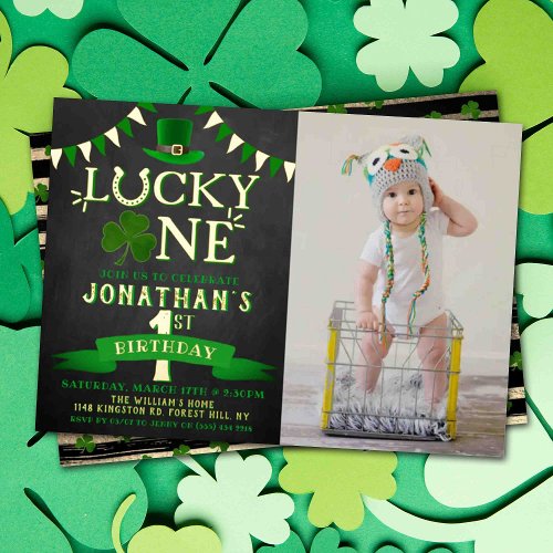 Lucky One Photo 1st Birthday Real Foil Invitation