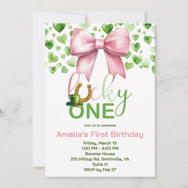 Lucky One Pink and Green First Birthday Invitation (Front)