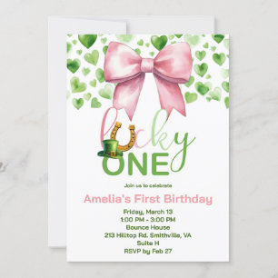 Lucky One Pink and Green First Birthday Invitation