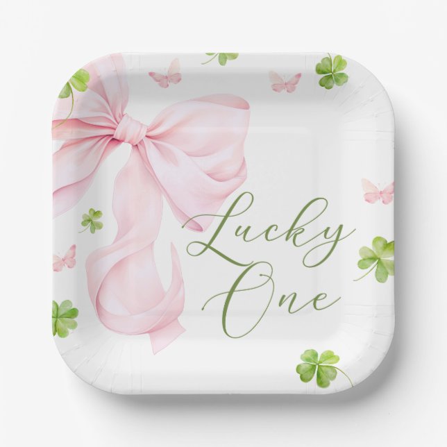 Lucky One Pink Bow 1st Birthday Paper Plates (Front)