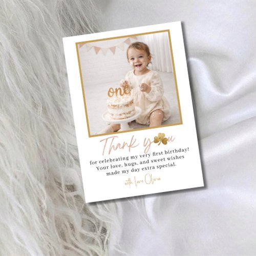 Lucky One Pink Gold Girl First Birthday Thank You Card