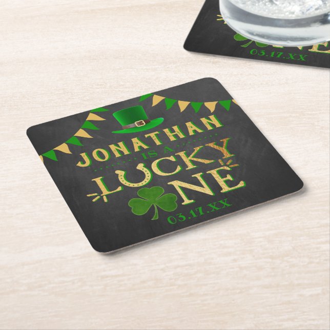 Lucky One St. Patrick's Day 1st Birthday Square Paper Coaster (Angled)