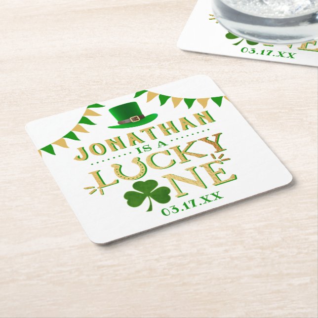Lucky One St. Patrick's Day 1st Birthday Square Paper Coaster (Angled)