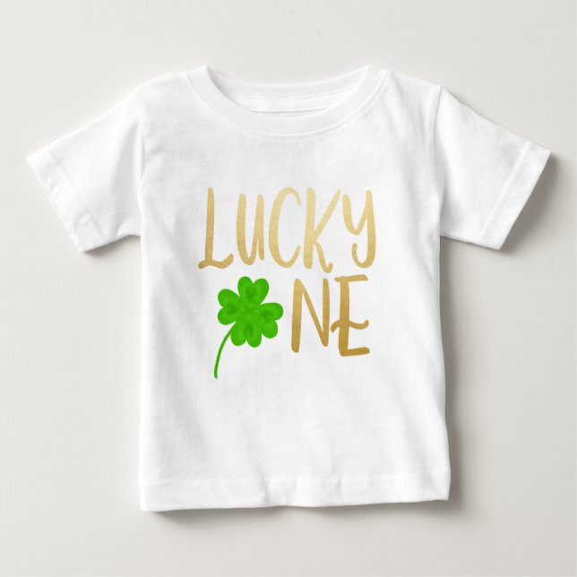 Lucky One St. Patricks Day Gold Shamrock Birthday Baby T-Shirt (Front)