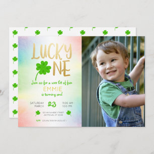 Lucky One St. Patricks Day Shamrock Photo Birthday Invitation