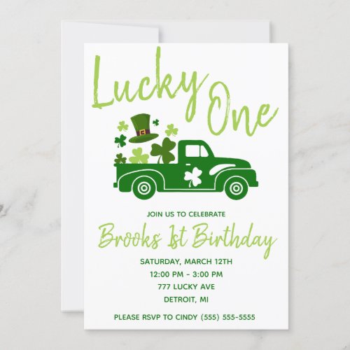 Lucky One St Patricks Day Truck First Birthday Invitation